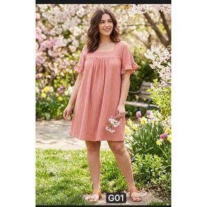 Lane Bryant Plus Size 26/28 Eyelet Lace Maxi Dress Coral Pink Flutter Sleeve